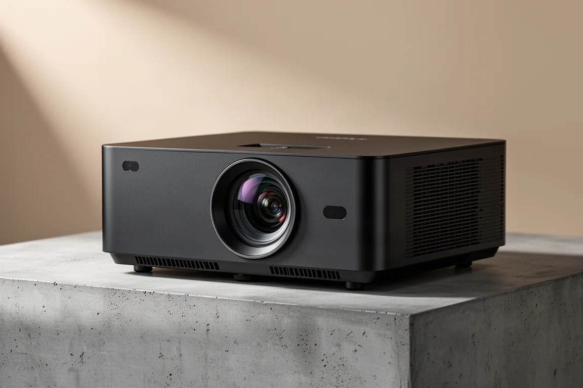 Matte black 4K home theater projector with a large centered lens on a concrete surface
