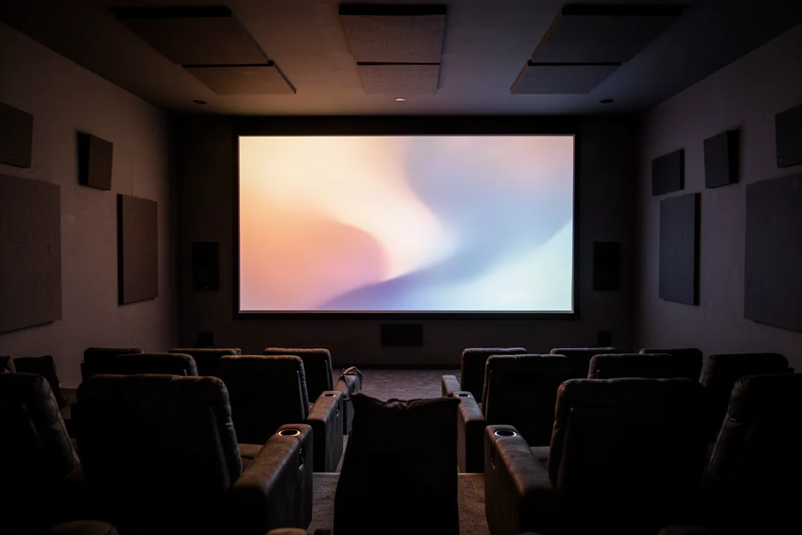 Salle de home cinéma faiblement éclairée avec un grand écran de projection lumineux et des fauteuils inclinables vides