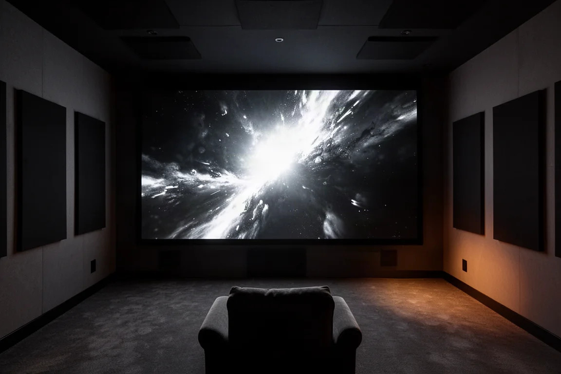 Grand écran de projection montrant des hautes lumières intenses sur des noirs profonds dans une salle obscure