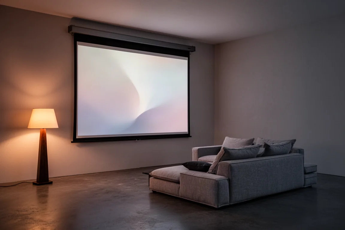 Salon contemporain au crépuscule avec un écran de projection abaissé et une lumière de lampe chaude
