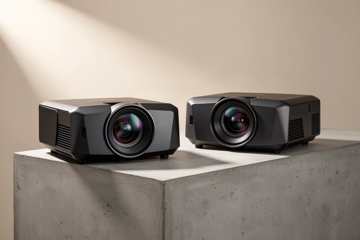 Two matte black home theater projectors side by side on a concrete surface