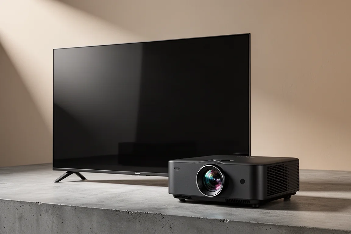 Slim large television and a matte black home cinema projector on a concrete surface