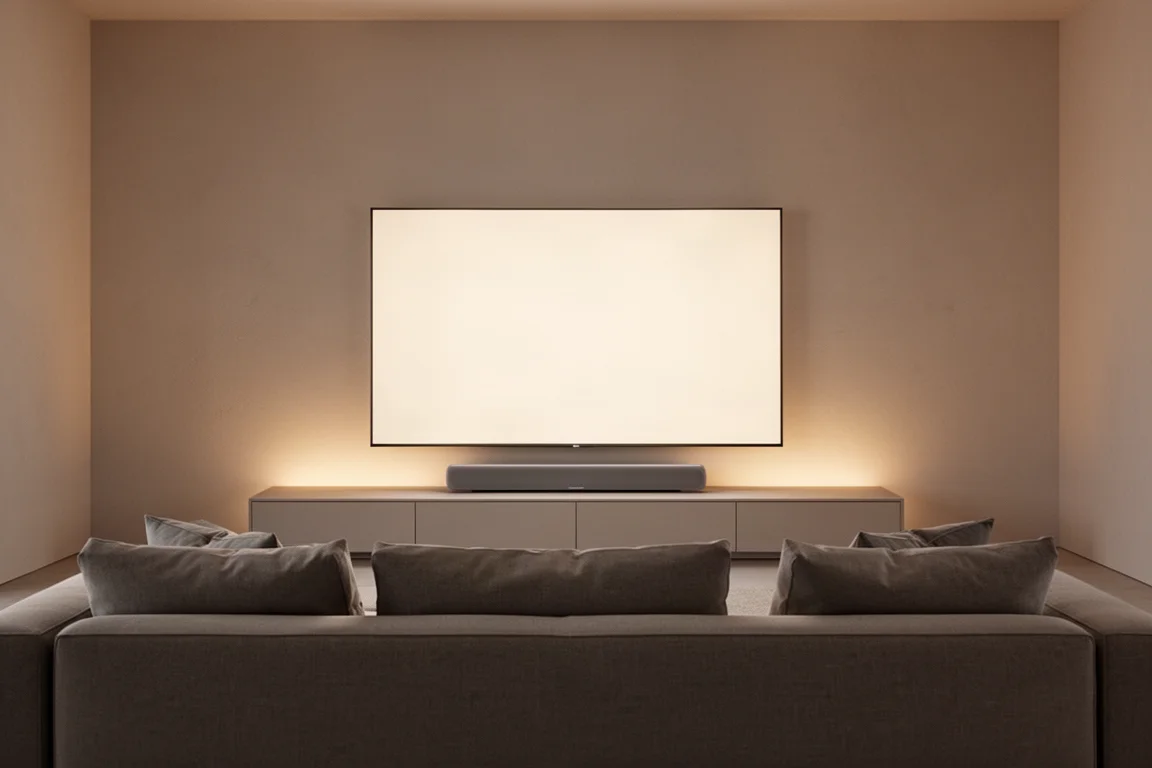 黃昏時分的簡約客廳,一部纖薄 Soundbar 置於柔和亮著的電視下方