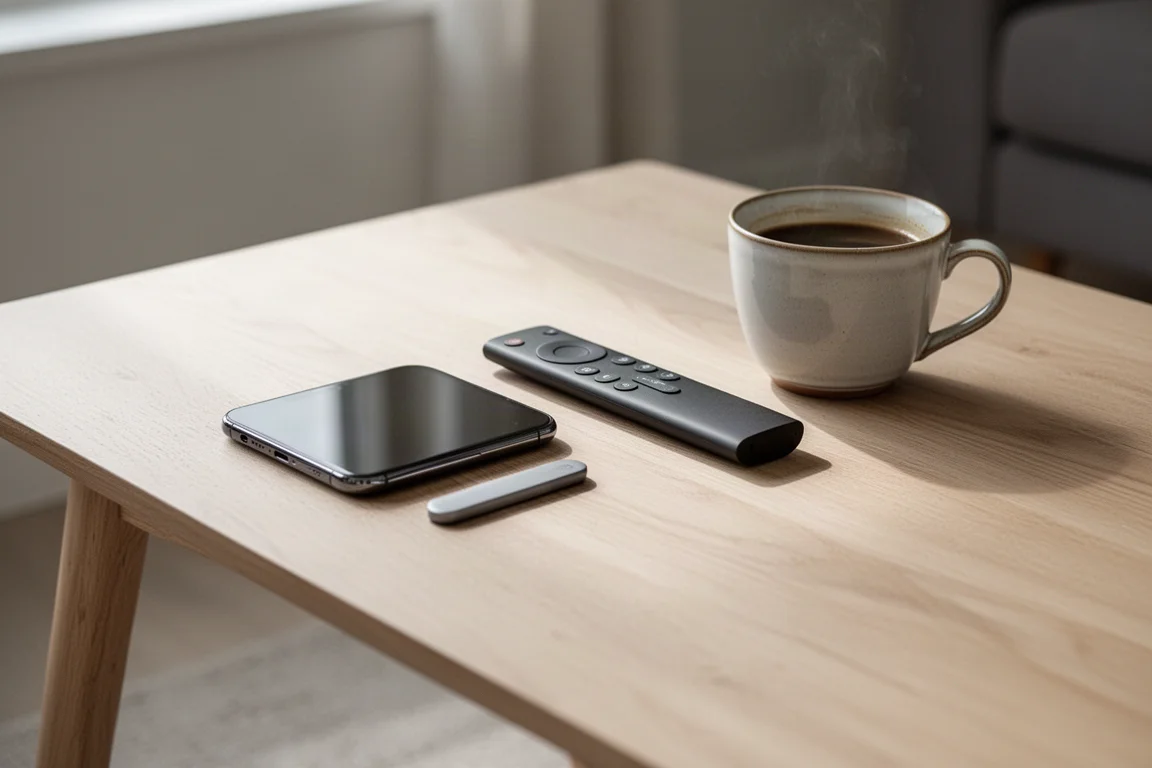 柔和窗光下的茶几,放著智能手機、Soundbar 遙控器和一杯咖啡