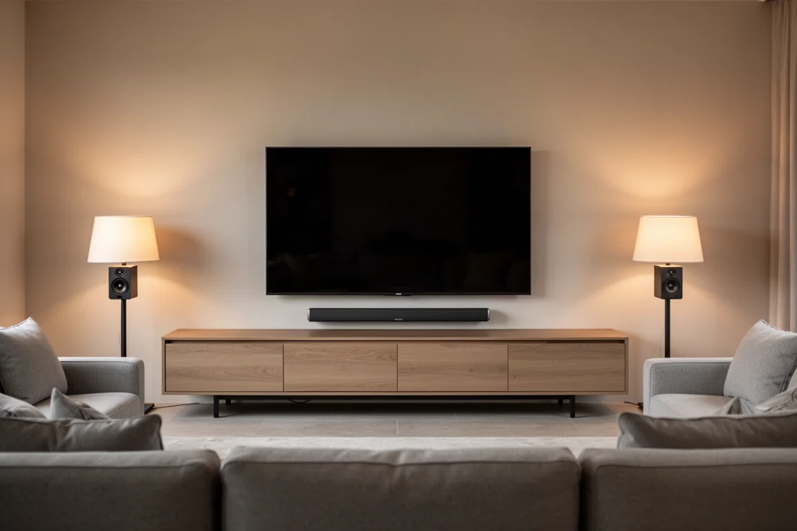 寬敞的傍晚客廳,設有長媒體櫃、纖薄 Soundbar 和置於喇叭架上的環繞聲喇叭