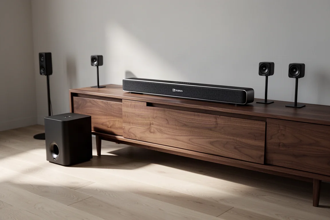Slim black soundbar, wireless subwoofer, and two surround speakers in a minimalist living room