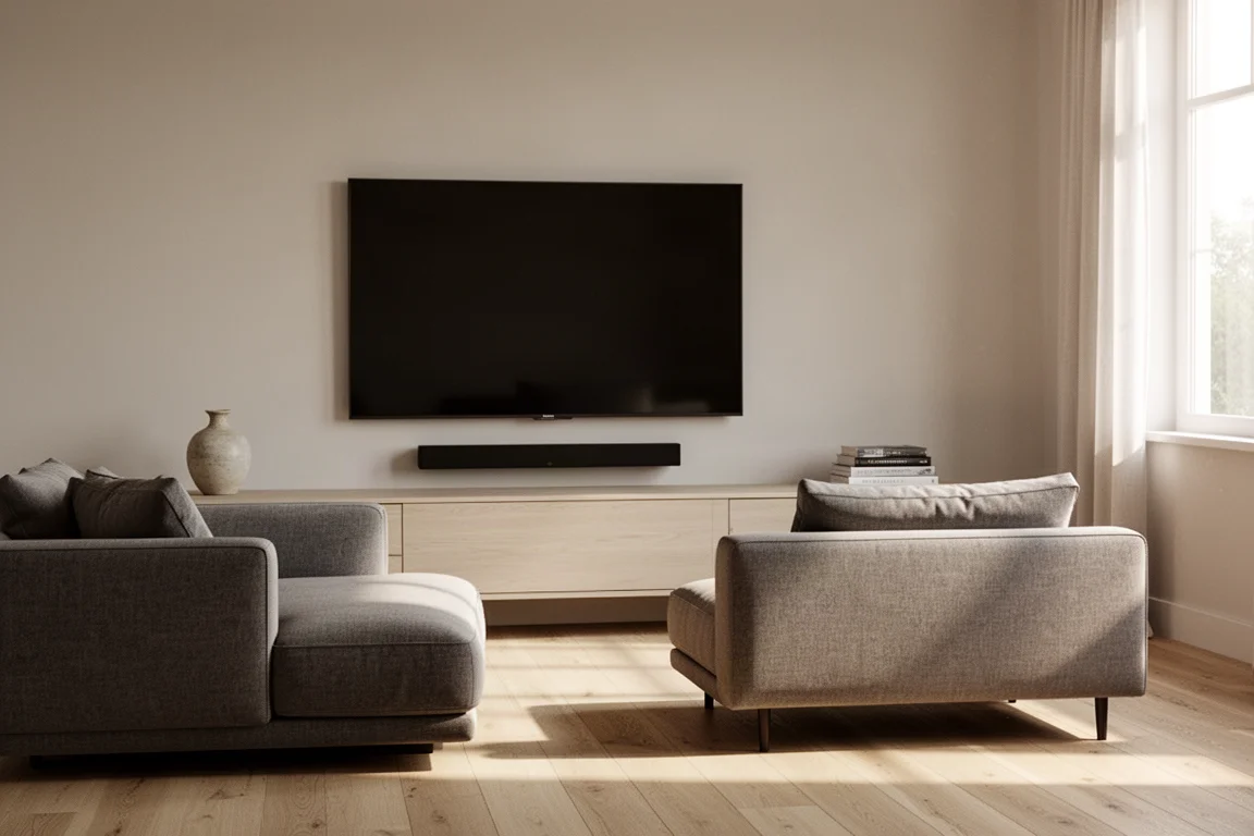 Soundbar dal profilo basso su un mobile in rovere chiaro sotto una televisione a parete al crepuscolo