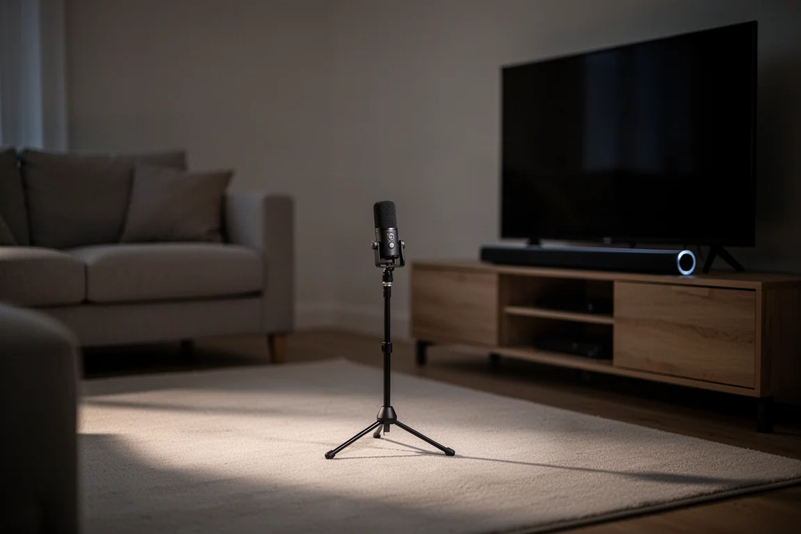 Due piccoli diffusori surround wireless su supporti sul fondo di un soggiorno in penombra