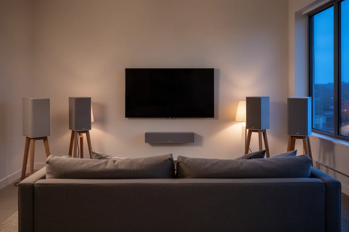 Offener Wohnbereich mit vier schmalen, stoffbespannten Lautsprechern um ein niedriges Sofa herum