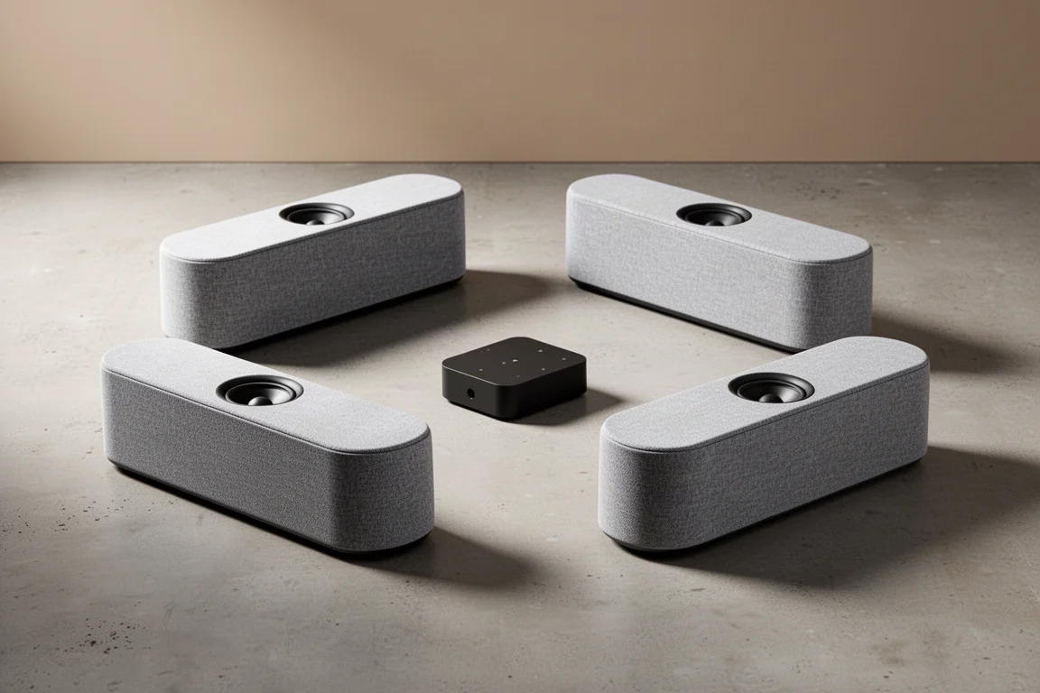 Four slim gray fabric wireless home theater speakers arranged in an arc on concrete