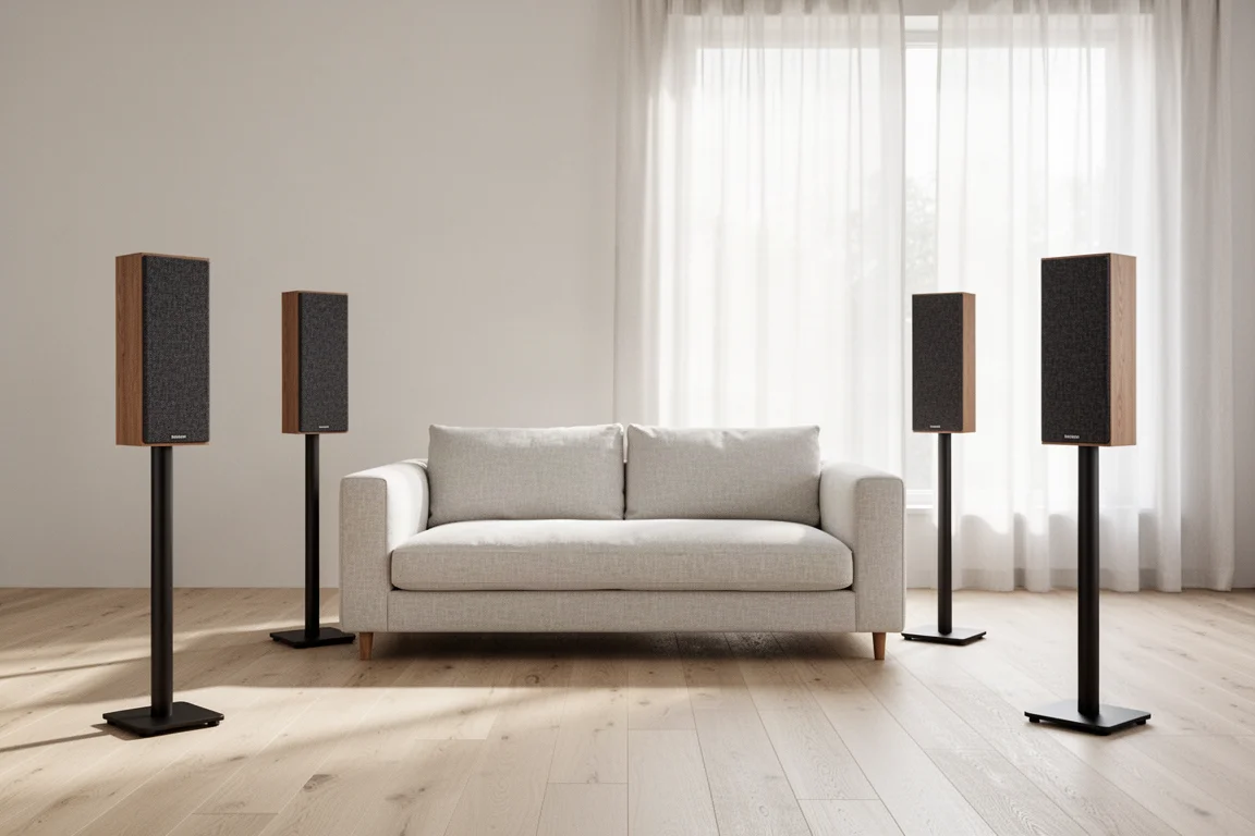 Four slim home theater speakers on stands arranged around a sofa in a bright living room