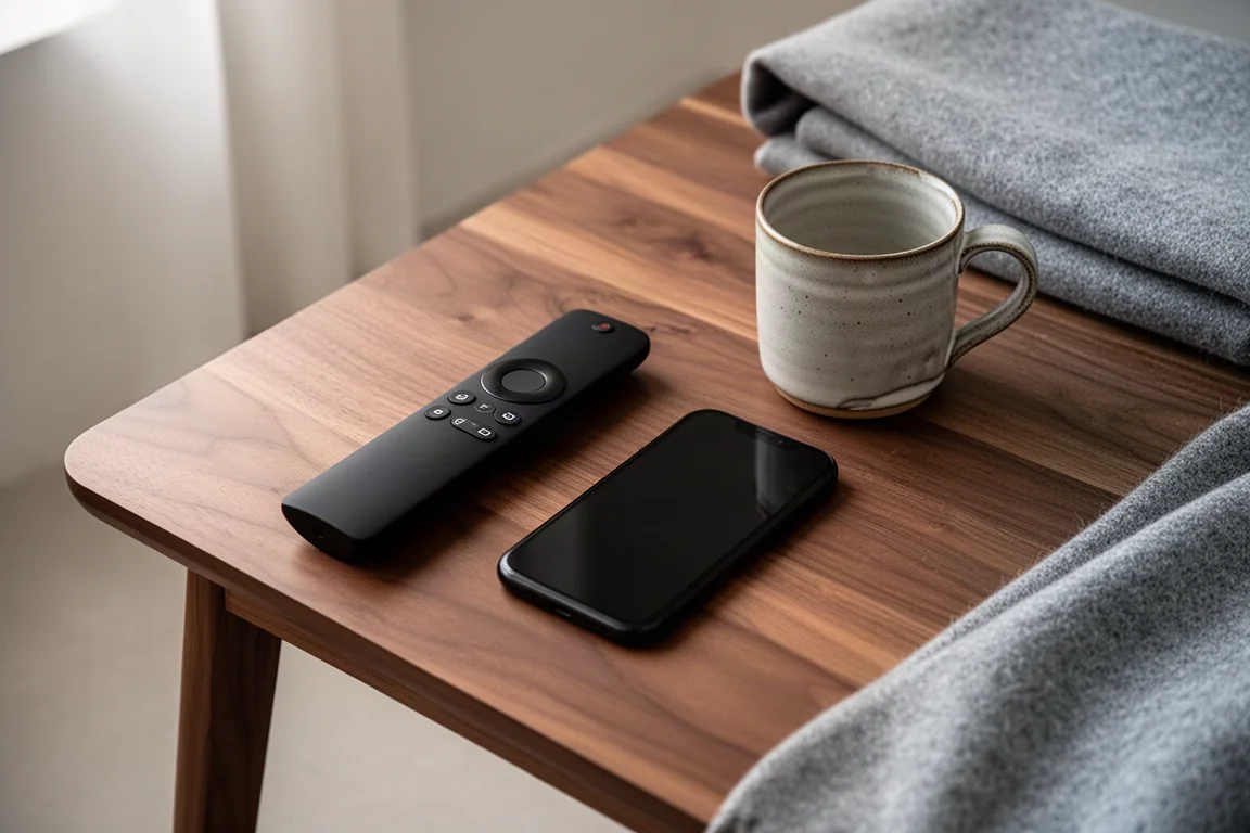 Vue du dessus d'une télécommande, d'un téléphone et d'une tasse sur une table basse en noyer