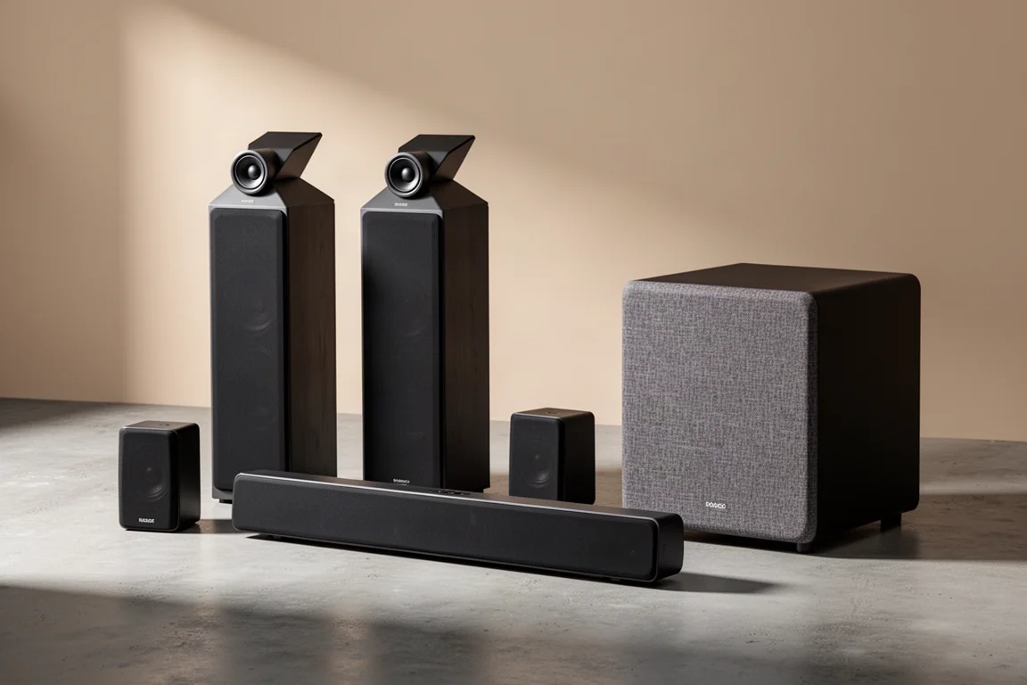 Wireless home theater speaker set with two front speakers, center speaker and subwoofer on concrete