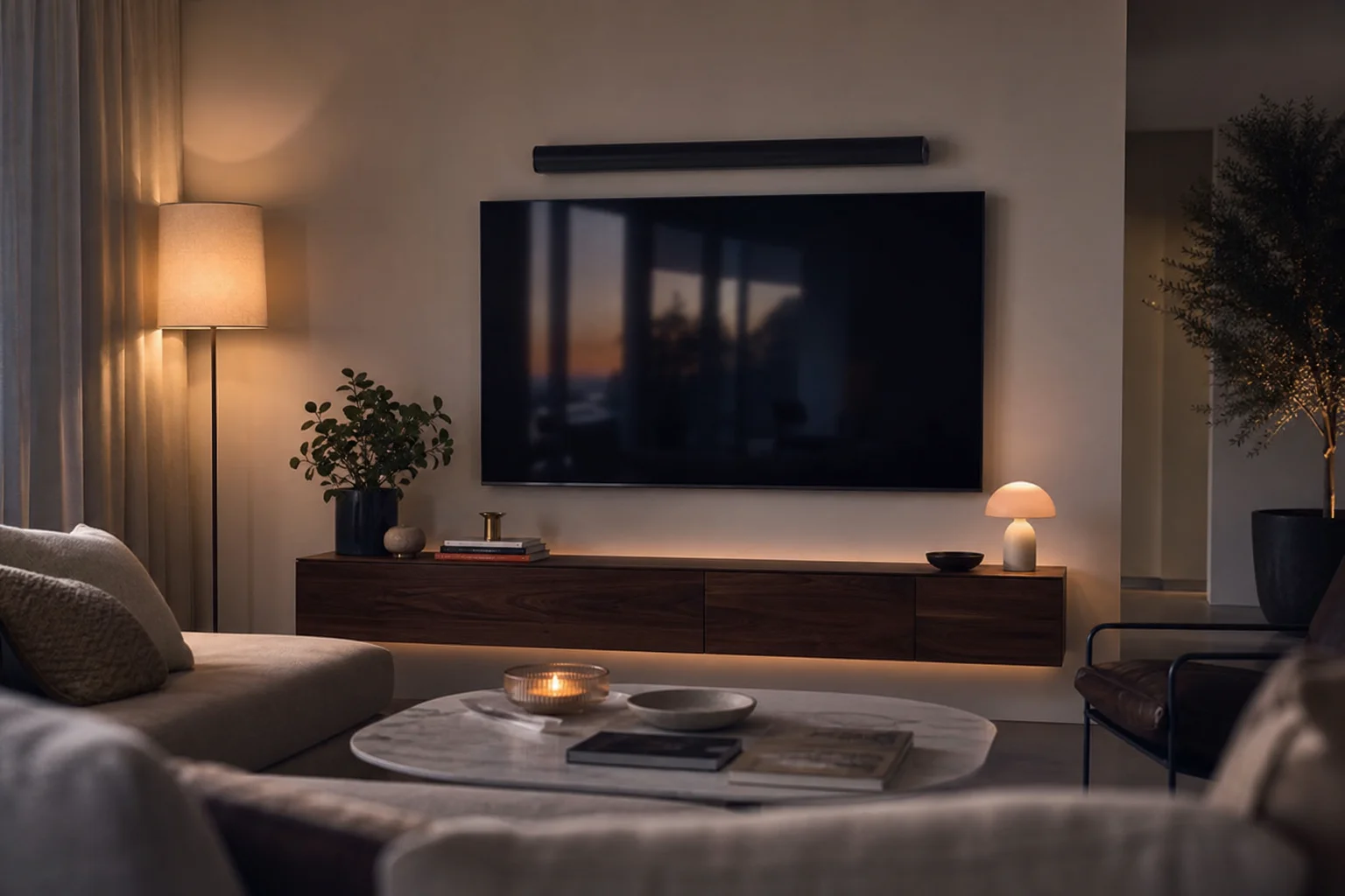 Configuración de cine en casa en una sala de estar moderna con la barra de sonido montada sobre el televisor