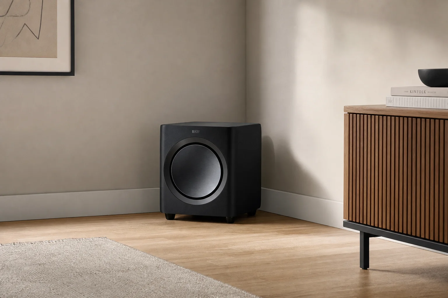 Subwoofer colocado en la esquina de una sala de estar con iluminación suave