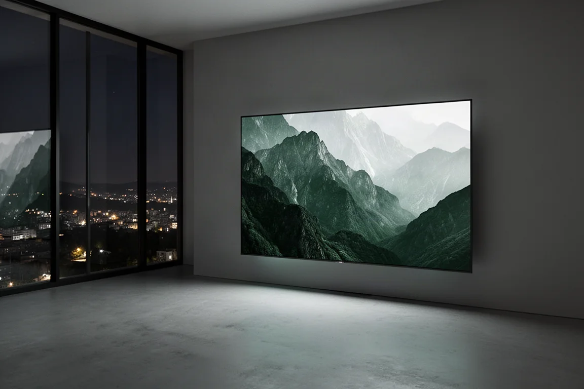 極簡風格客廳的夜晚場景,大電視播放著山脈風景畫面