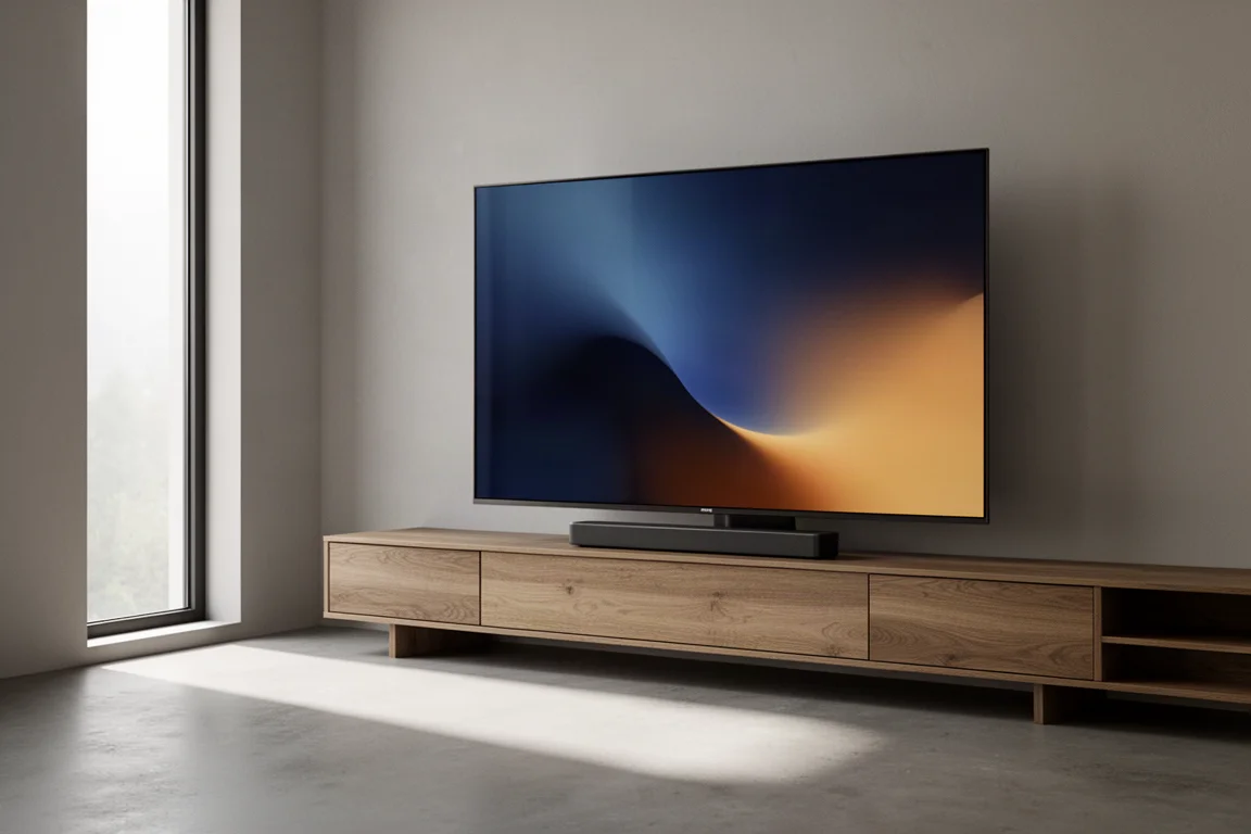 Large flat-panel television on a wooden console in a bright minimalist living room