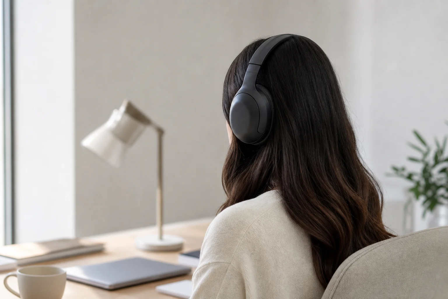 Personne portant un casque circum-aural dans un environnement de bureau calme