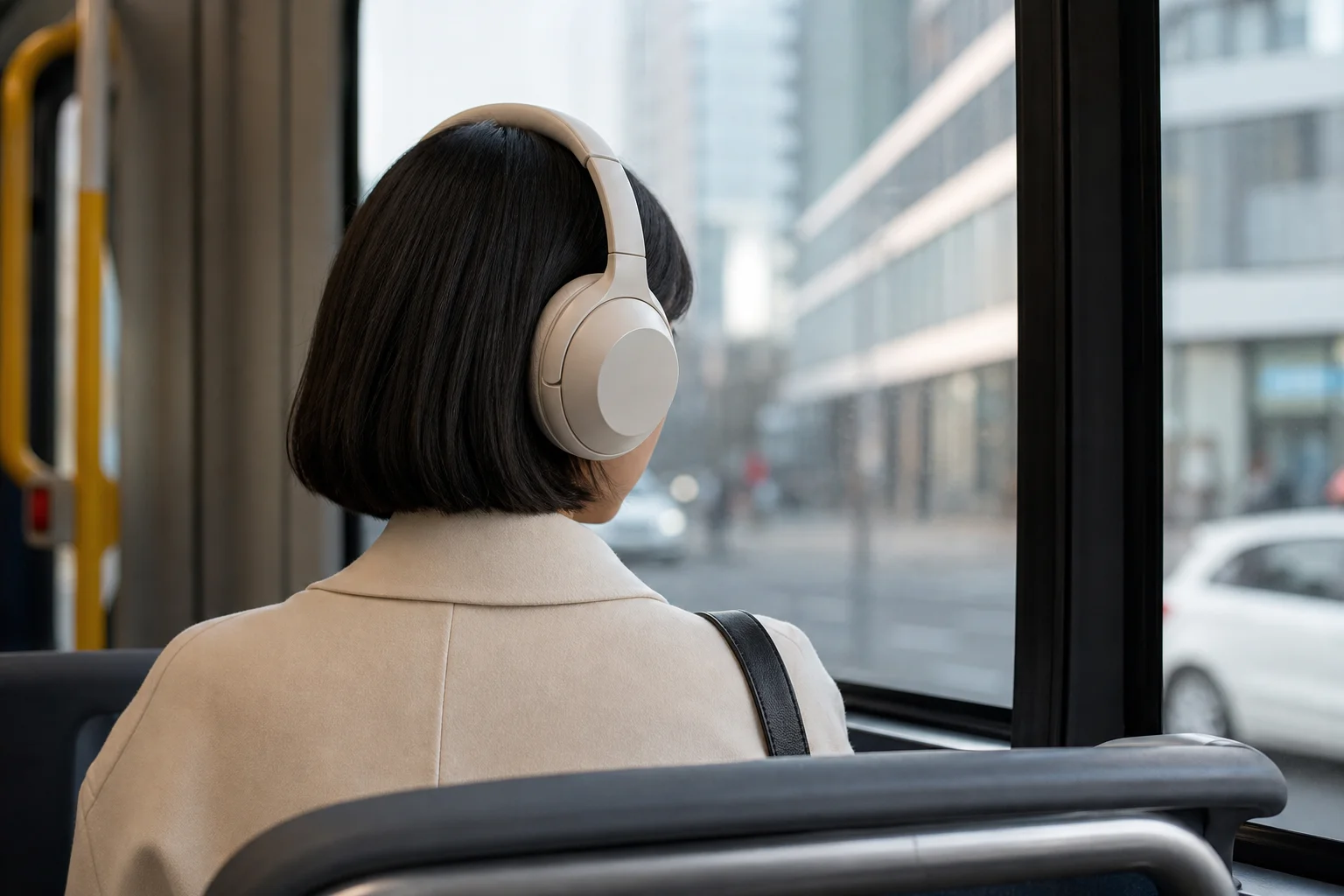 Usager des transports en commun portant un casque à réduction de bruit