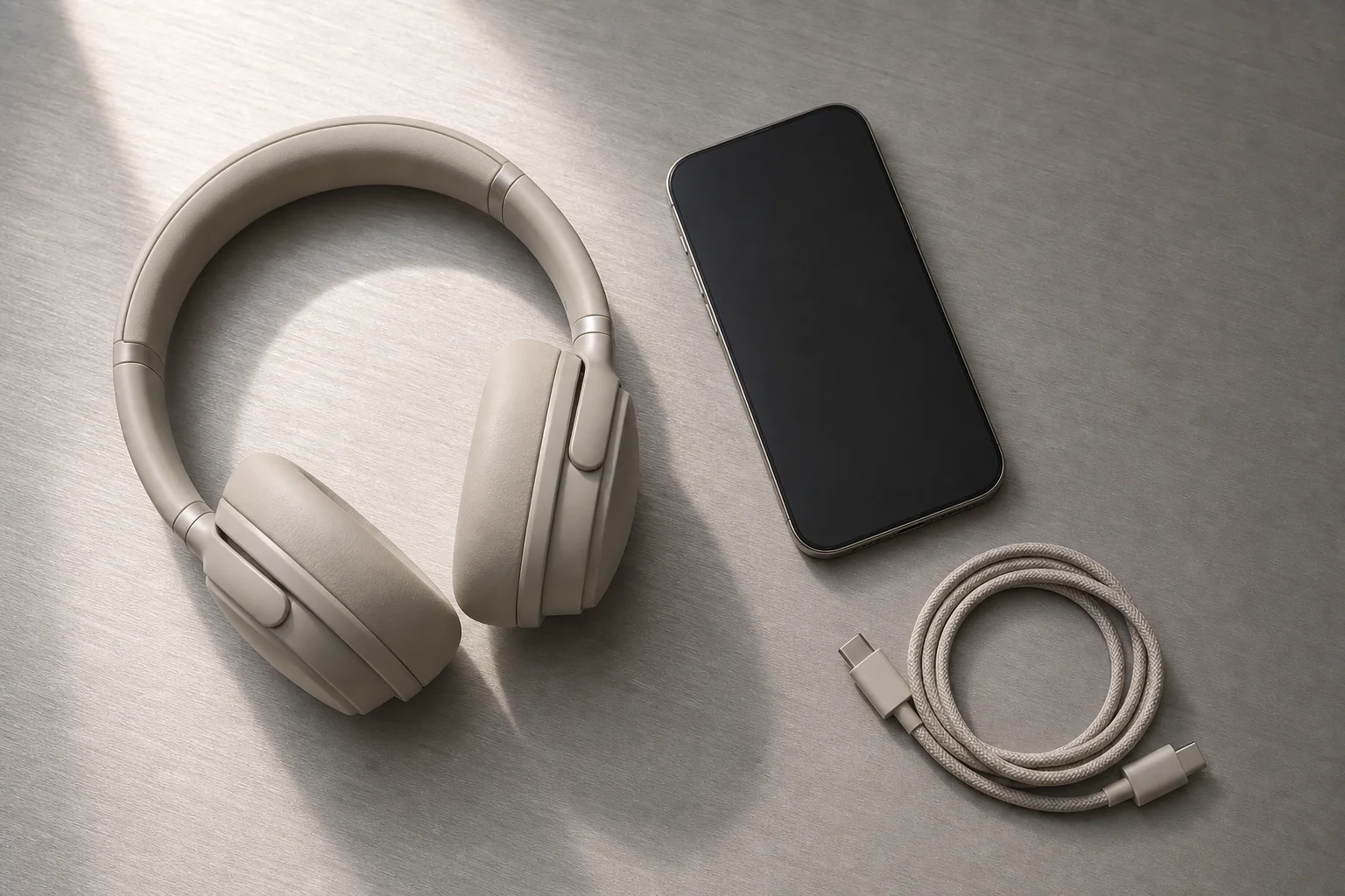 Vue de dessus à plat d'un casque avec un smartphone et un câble de charge
