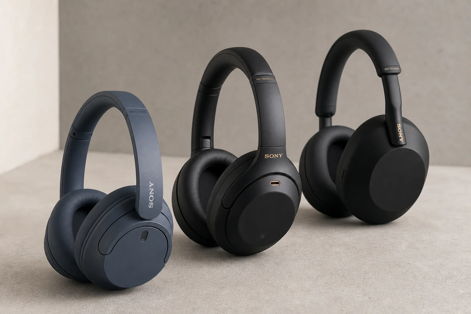 Drei Sony-Kopfhörermodelle nach Preisklassen sortiert auf einer Betonoberfläche