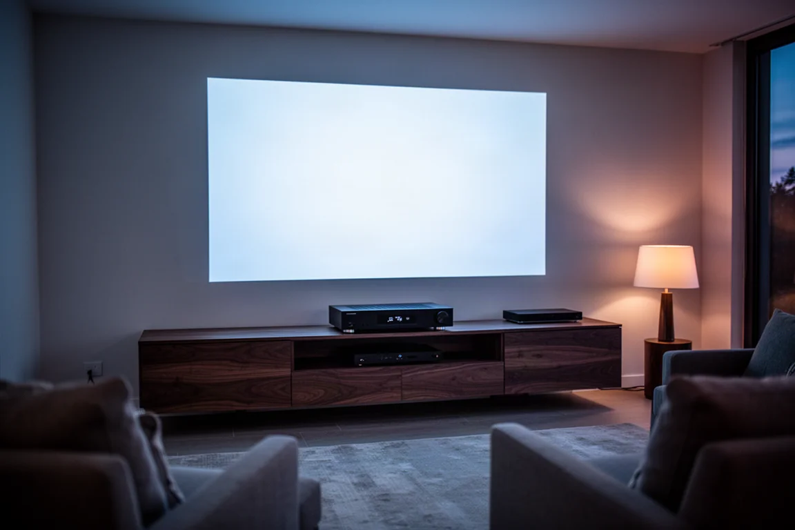 Dim living room home theater with a glowing screen and a receiver on a media console