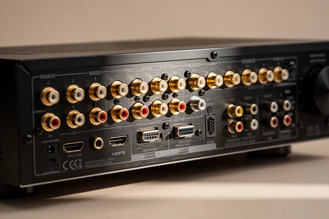 Close-up of a receiver rear panel with speaker terminals, HDMI ports and optical connectors