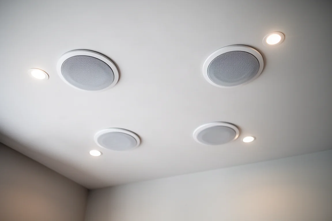 Four white in-ceiling speakers beside recessed lights in a home theater ceiling