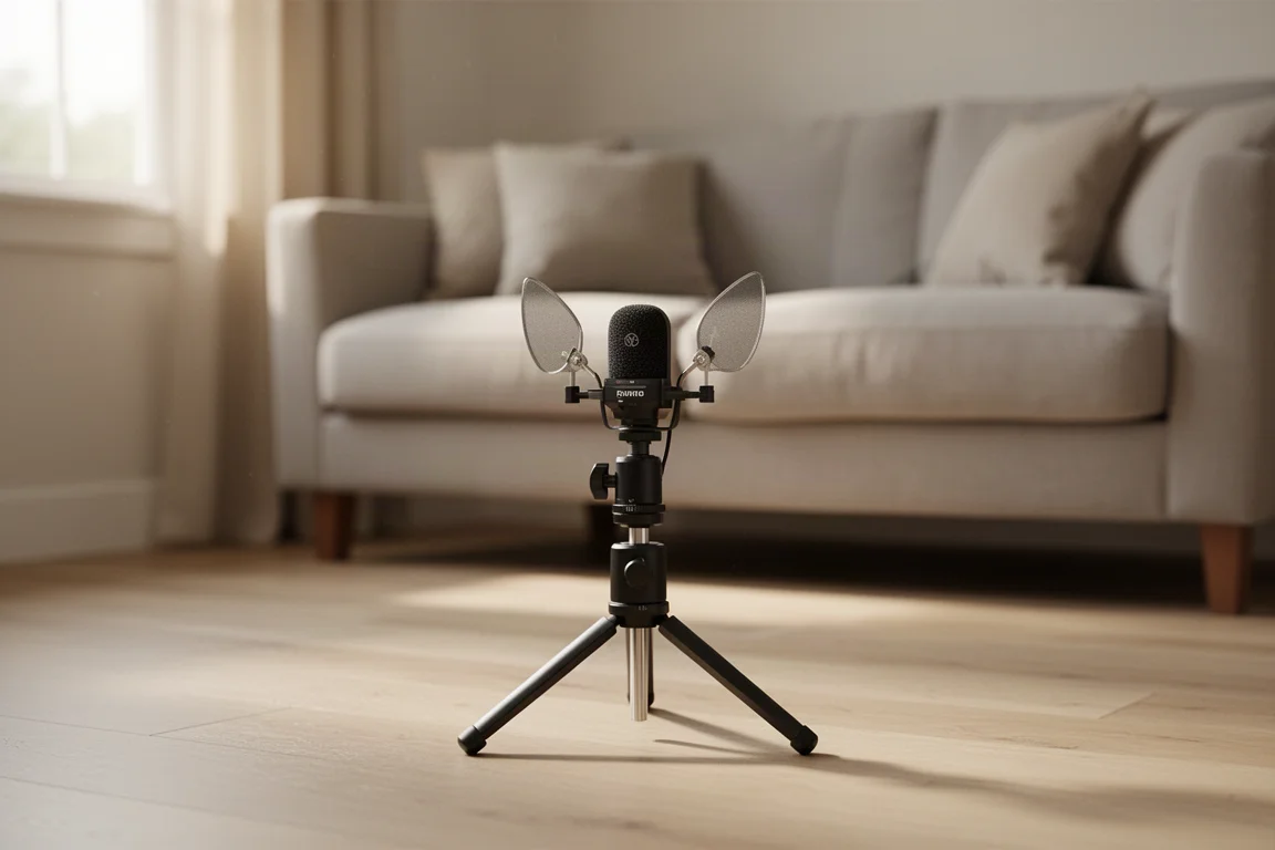 Measurement microphone on a small tripod in a living room with soft window light