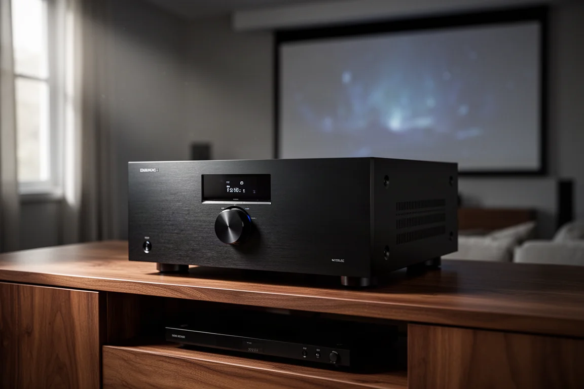 Large black home theater AV receiver on a walnut media console in a dim theater room