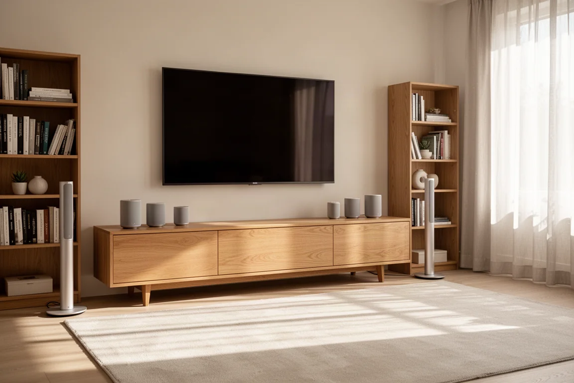 Vier cilindervormige draadloze speakers rond een zithoek in een moderne woonkamer