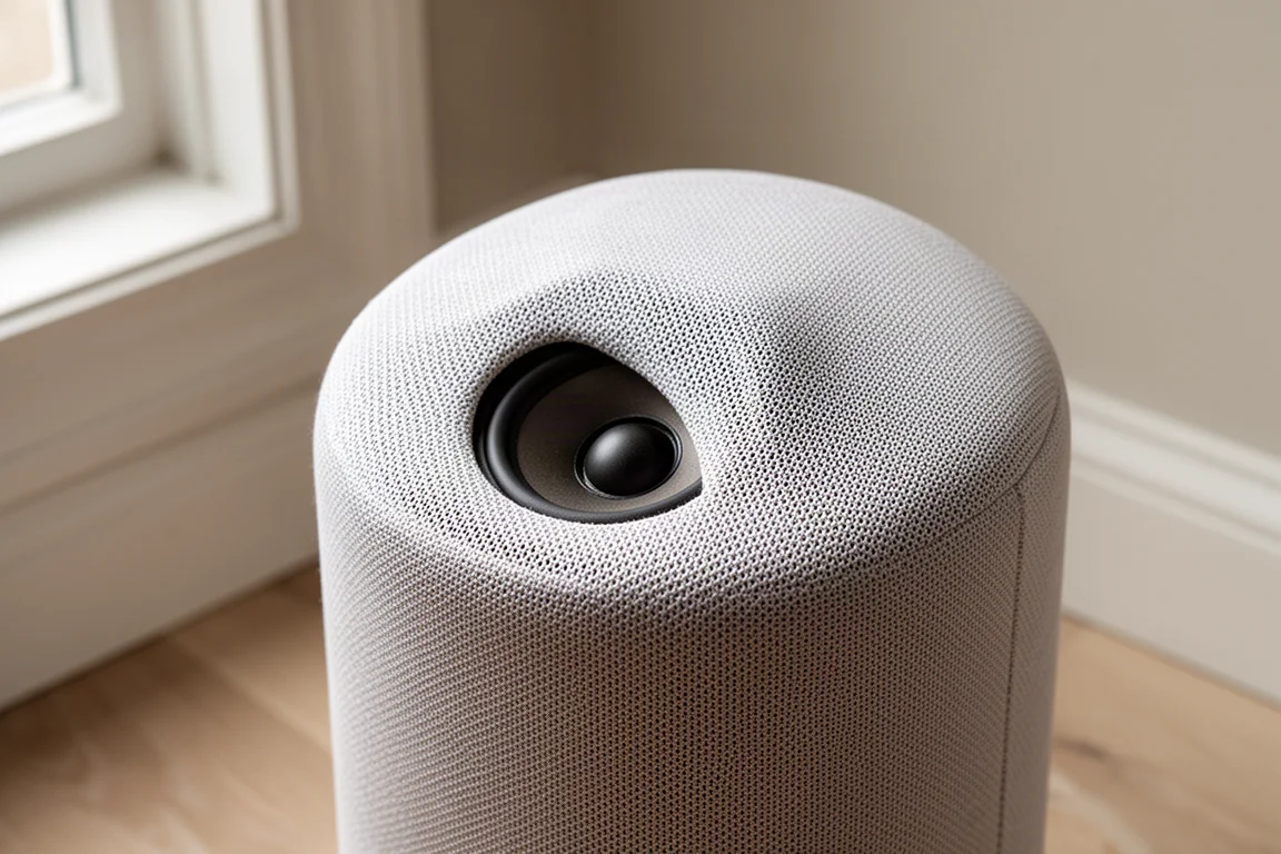 Close-up van het bovengrille en de schuin omhoog gerichte driver van een cilindervormige home theater-speaker