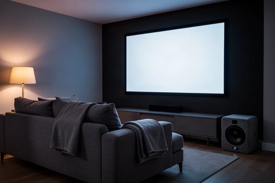 Woonkamer in de schemering met een oplichtend scherm en een met stof beklede subwoofer in de hoek