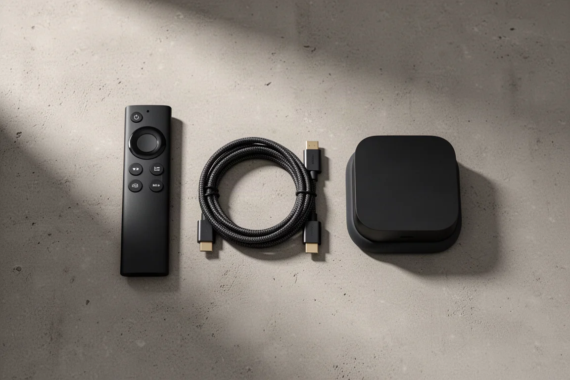 Plattegrond van bovenaf met een afstandsbediening, HDMI-kabel en compacte matzwarte hub op beton