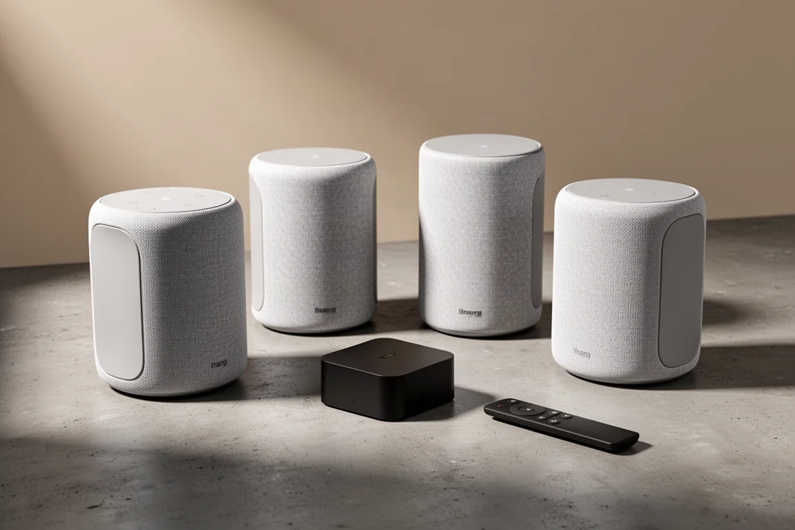 Four cylindrical wireless home theater speakers with hub and remote on a concrete surface