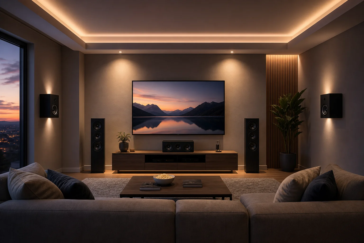 Salle de home cinéma avec enceintes surround fixées aux murs et enceinte centrale sur un meuble TV