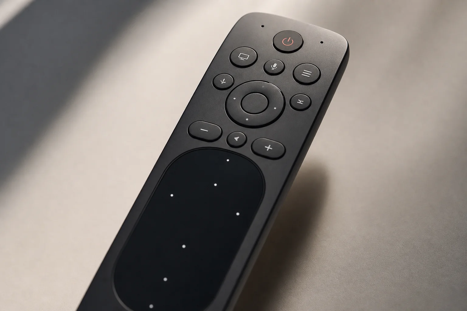Gros plan sur la télécommande du home cinéma avec boutons rétroéclairés et pavé tactile
