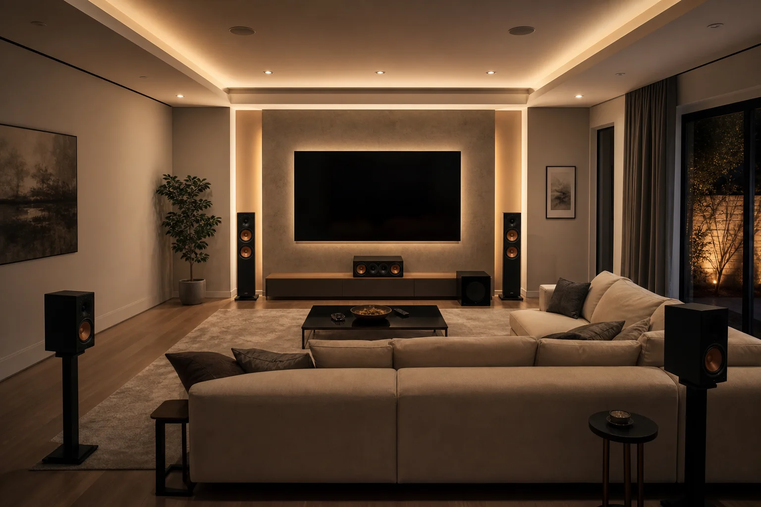 Système home cinéma diffusant de la musique avec visualisation d'ondes sonores dans un salon