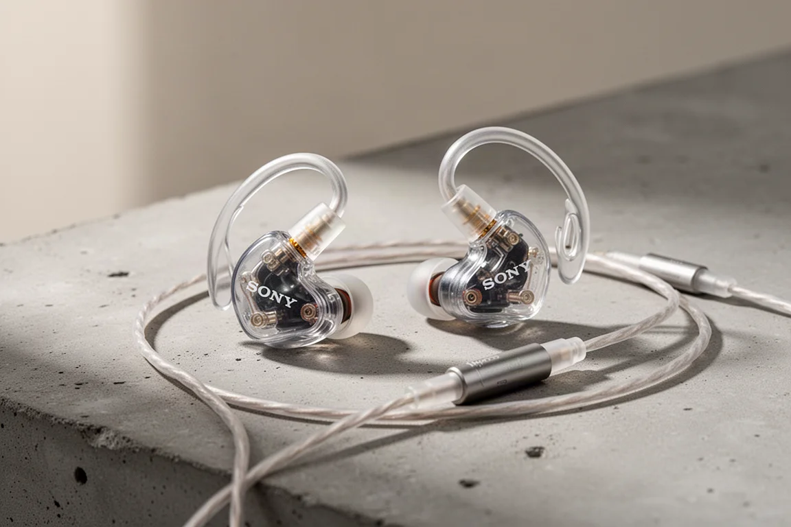 Sony M500 入耳式監聽耳機透明款搭配線材，置於水泥地面上