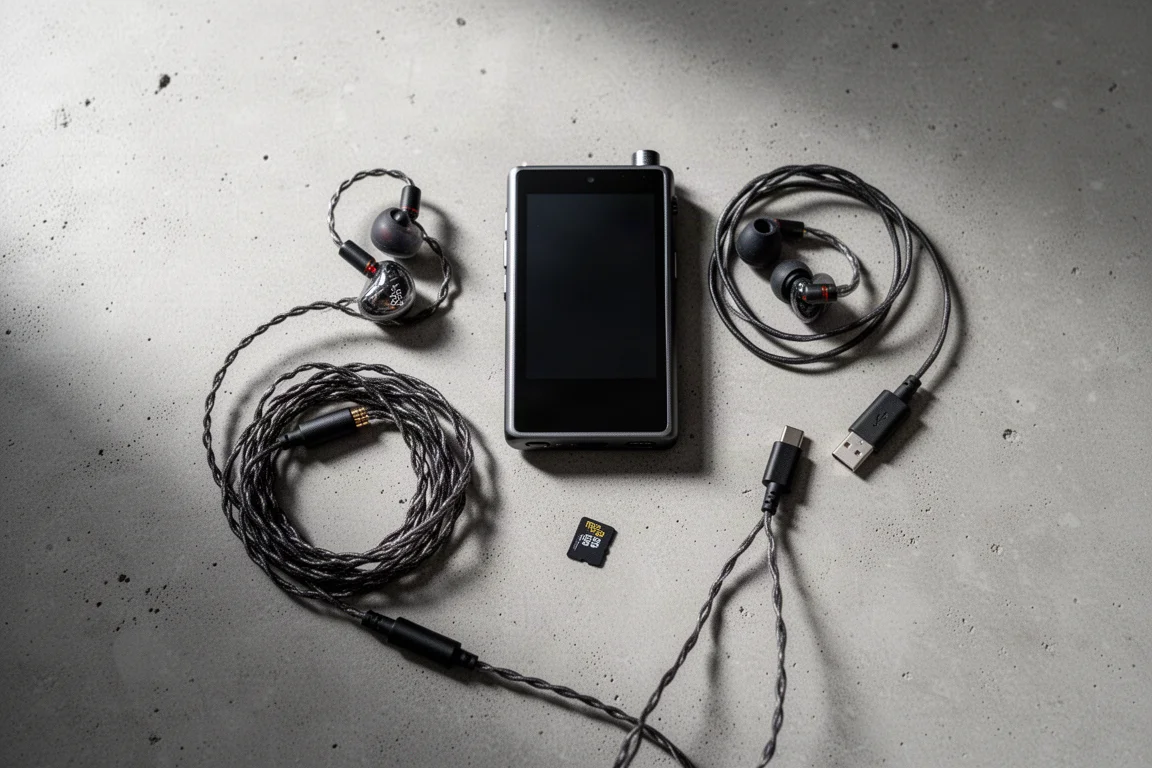 Flat-lay of a compact music player, wired earphones, a microSD card and a USB-C cable on concrete
