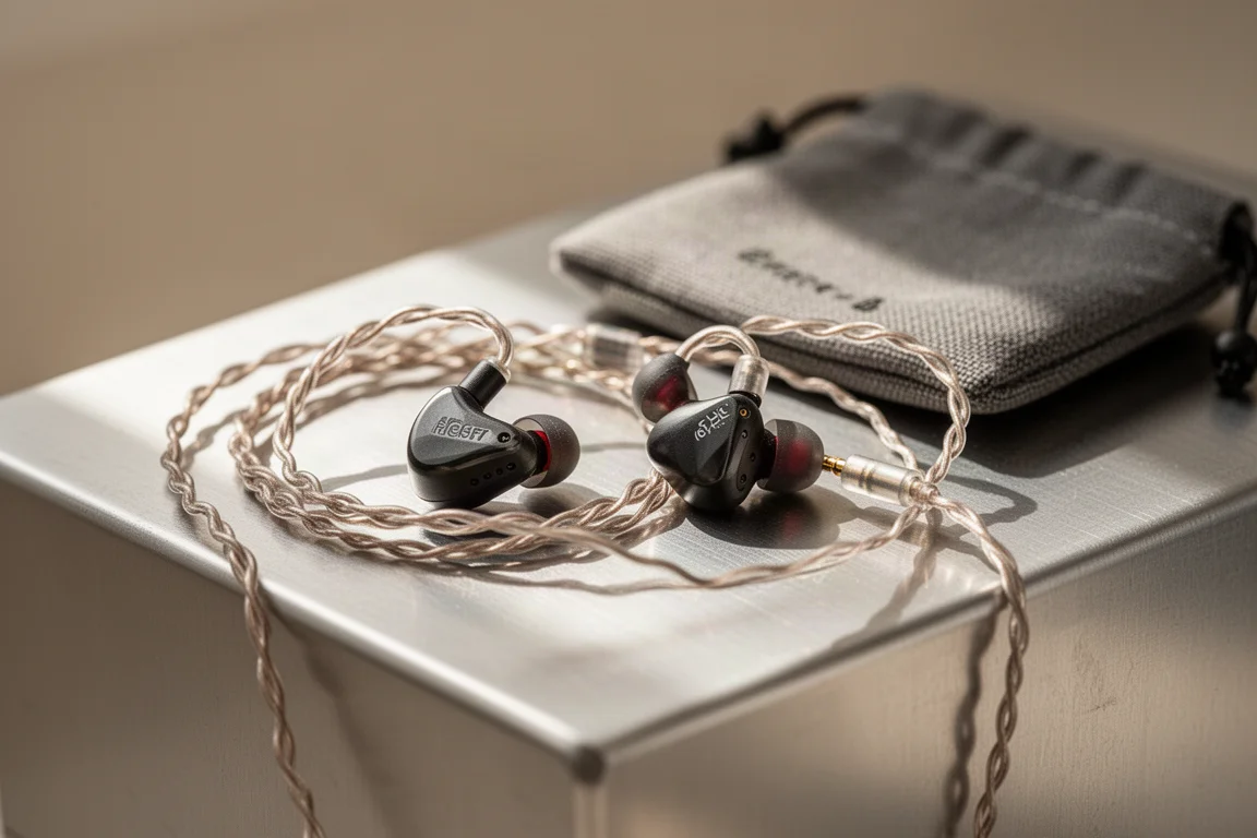 Wired in-ear monitors and a fabric pouch on a brushed aluminium surface in soft light