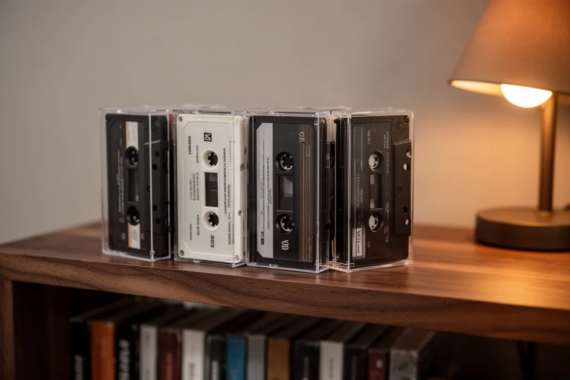 Row of unlabelled cassette tapes in clear cases on a walnut shelf under warm light