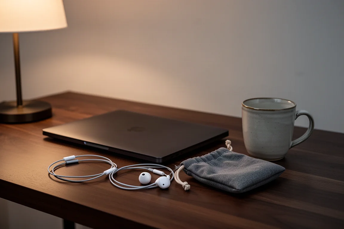 Evening desk scene with a closed laptop, coiled earphones and a mug in warm lamplight