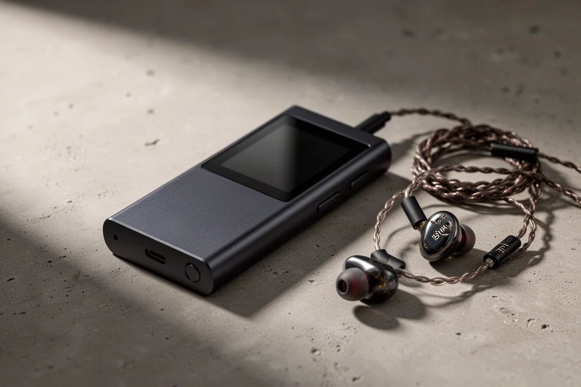Compact dark grey portable music player with wired earphones on a concrete surface