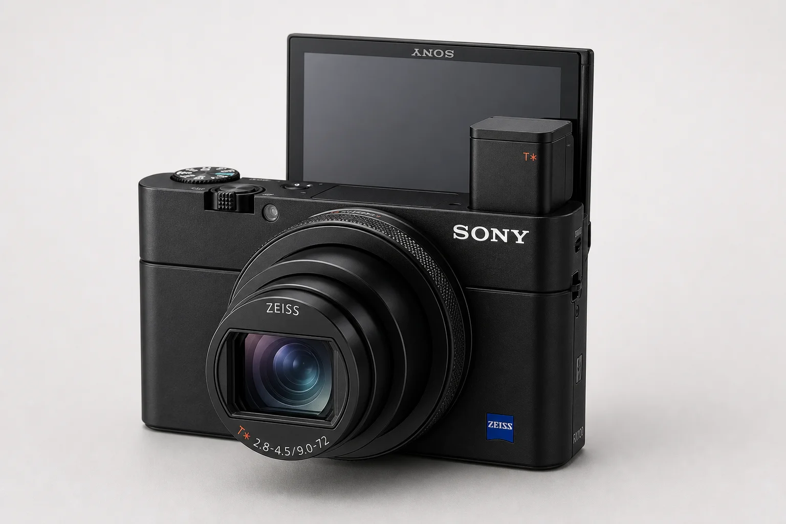 Apple iPhone 16 Pro 與 Sony RX100 Mark VII 相機並排於灰色背景上