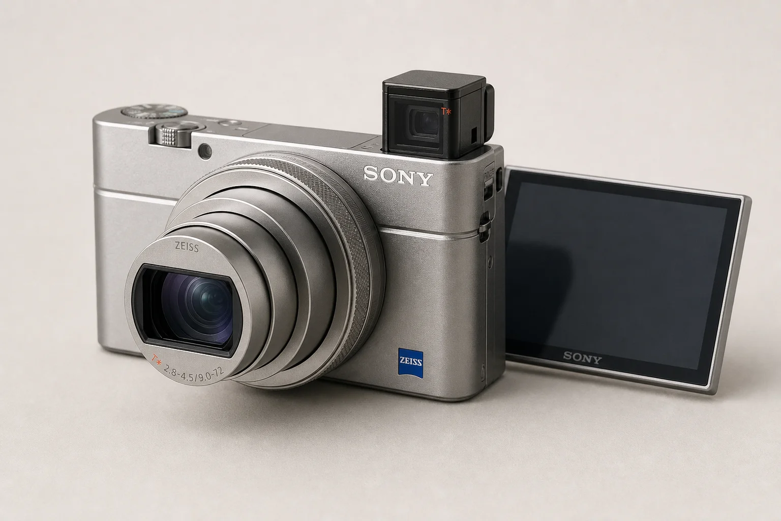 Six compact cameras arranged on concrete surface showing different designs and features