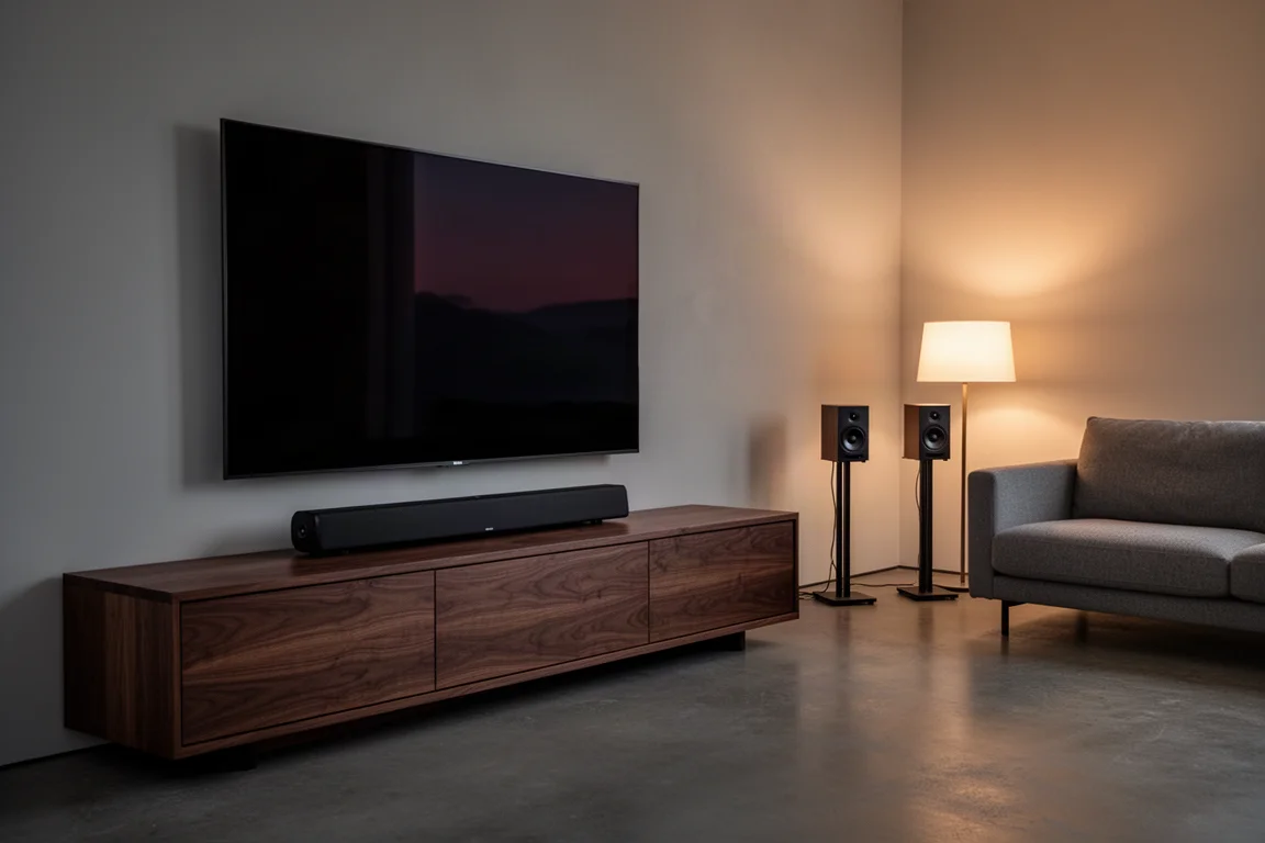 Mueble de salón con una TV grande de pantalla oscura y una barra de sonido baja con luz de tarde