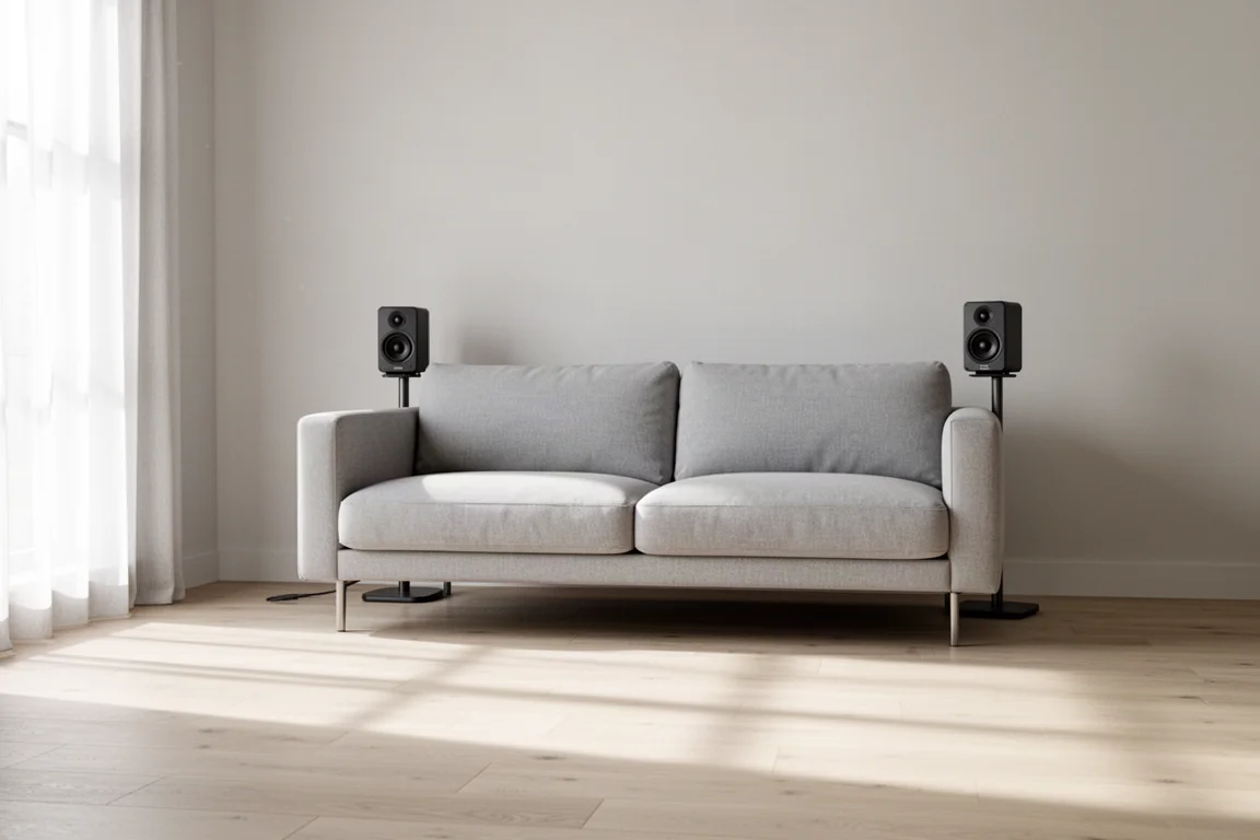 Par de altavoces envolventes compactos sobre soportes detrás de un sofá gris a la luz del día