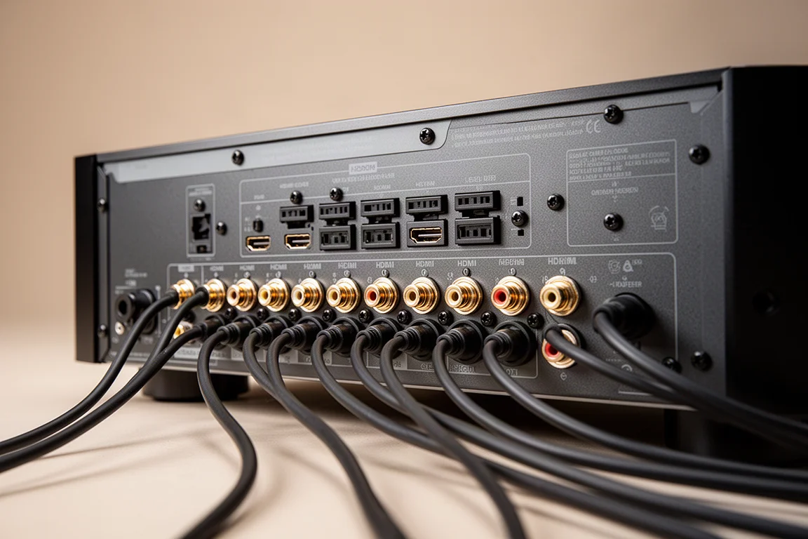 Panel trasero de un receptor de cine en casa con terminales de altavoces y cables bien ordenados