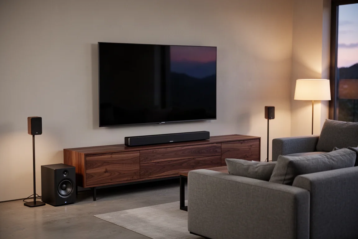 Living room with a large dark-screen TV, a long soundbar, a subwoofer and surround speakers
